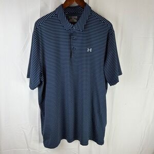 Under Armour Polo Shirt Mens 2XL Navy Blue Striped HeatGear Loose Fit 1253479
